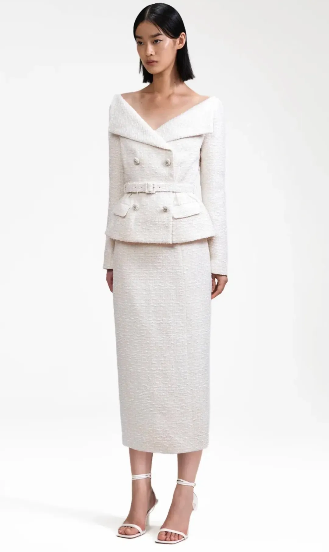 Self Portrait Cream Off The Shoulder Boucle Midi Dress Size 6 for rent on The Volte - main image