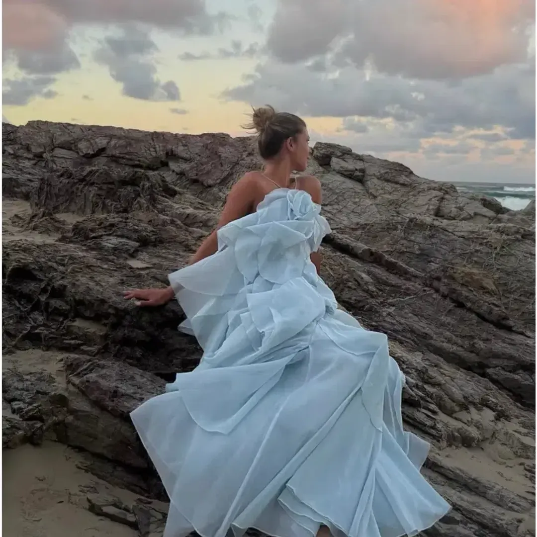 💧AJE Pandorea Layered Maxi Dress – Silver Blue – Size 8 Formal Tiered Gown 💧 for rent on The Volte - main image