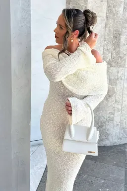 MESHKI Marisol Off Shoulder Bouclé Maxi Dress Size 8 for rent on The Volte - image 3