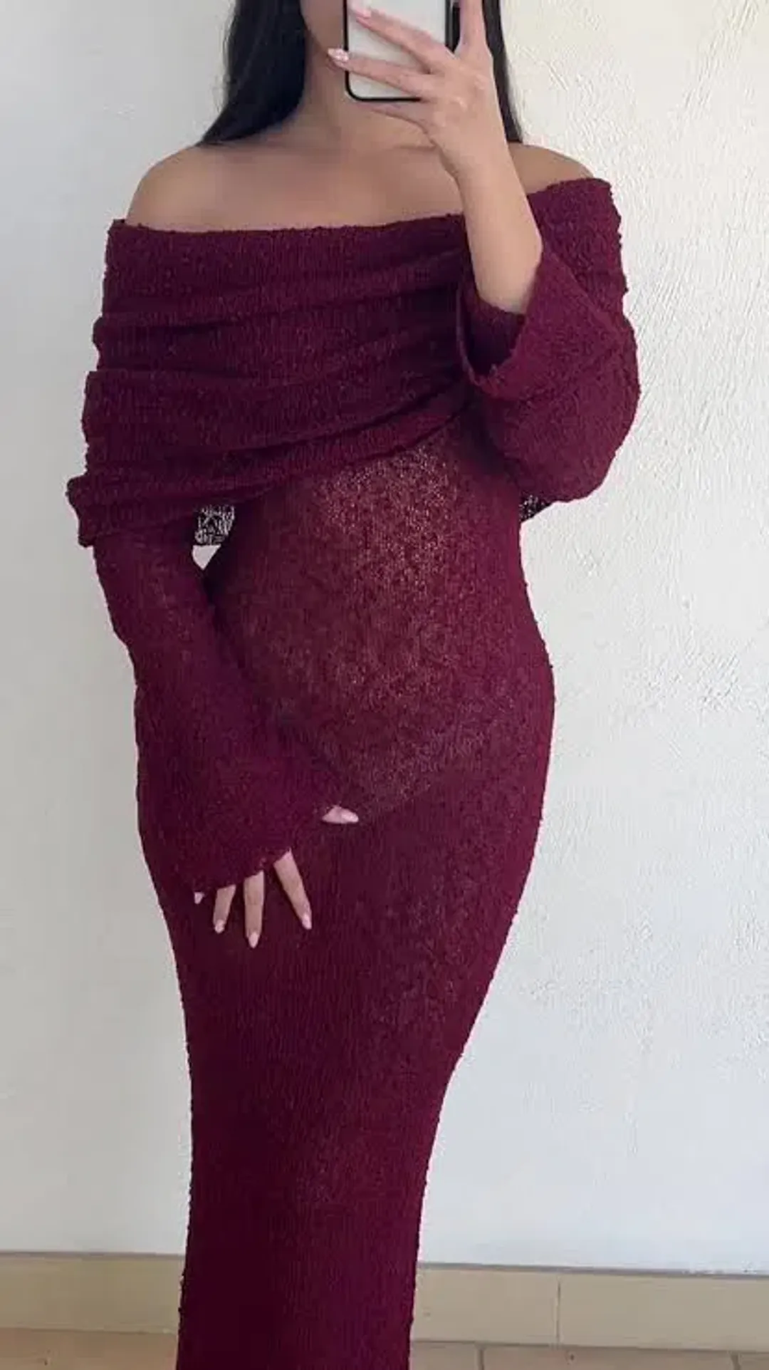 MESHKI Marisol Off Shoulder Bouclé Maxi Dress – Plum Size L for rent on The Volte - main image