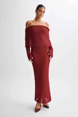 MESHKI Marisol Off Shoulder Bouclé Maxi Dress – Plum Size L for rent on The Volte - image 2