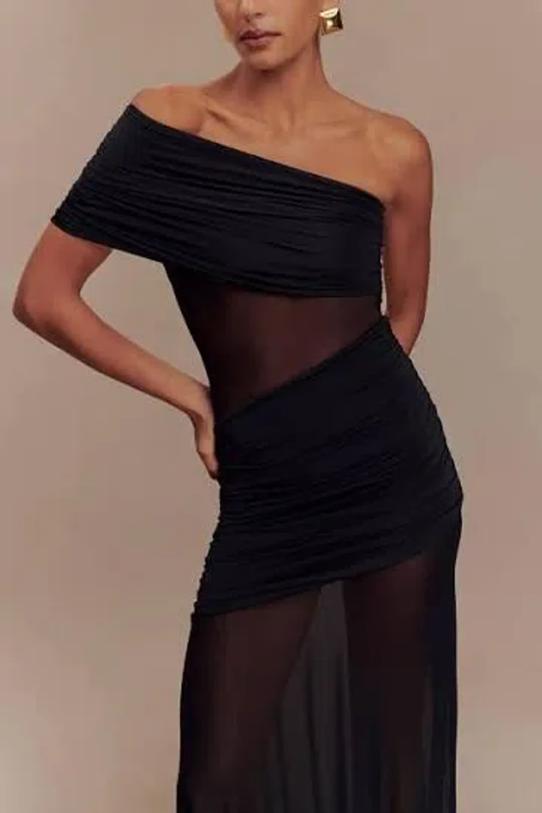 MESHKI Dallas One Shoulder Mesh Maxi Dress – Black Size L for rent on The Volte - main image