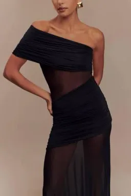 MESHKI Dallas One Shoulder Mesh Maxi Dress – Black Size L for rent on The Volte - image 1