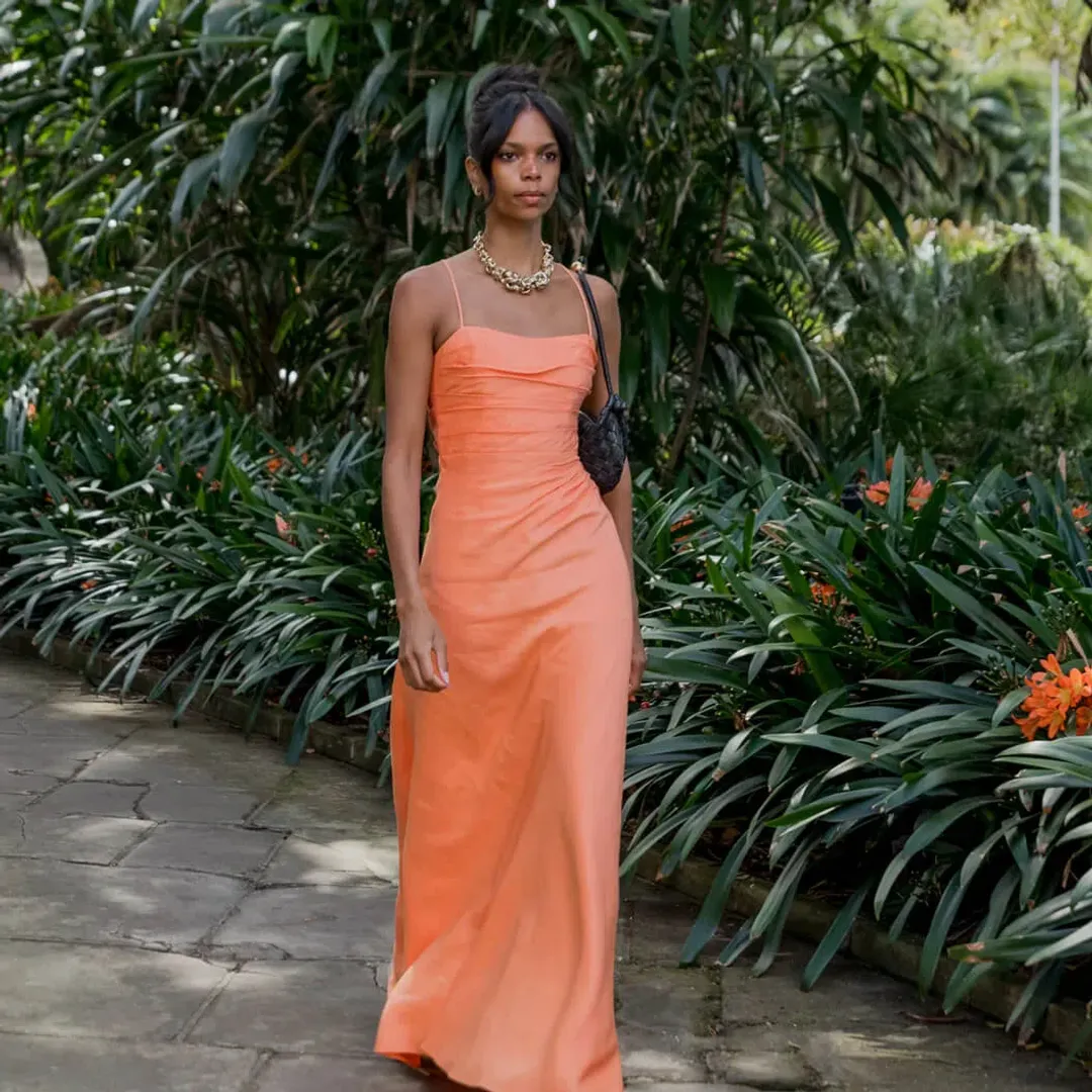 AJE Clarice Draped Maxi Dress – Sunset Orange Size 10 for rent on The Volte - main image