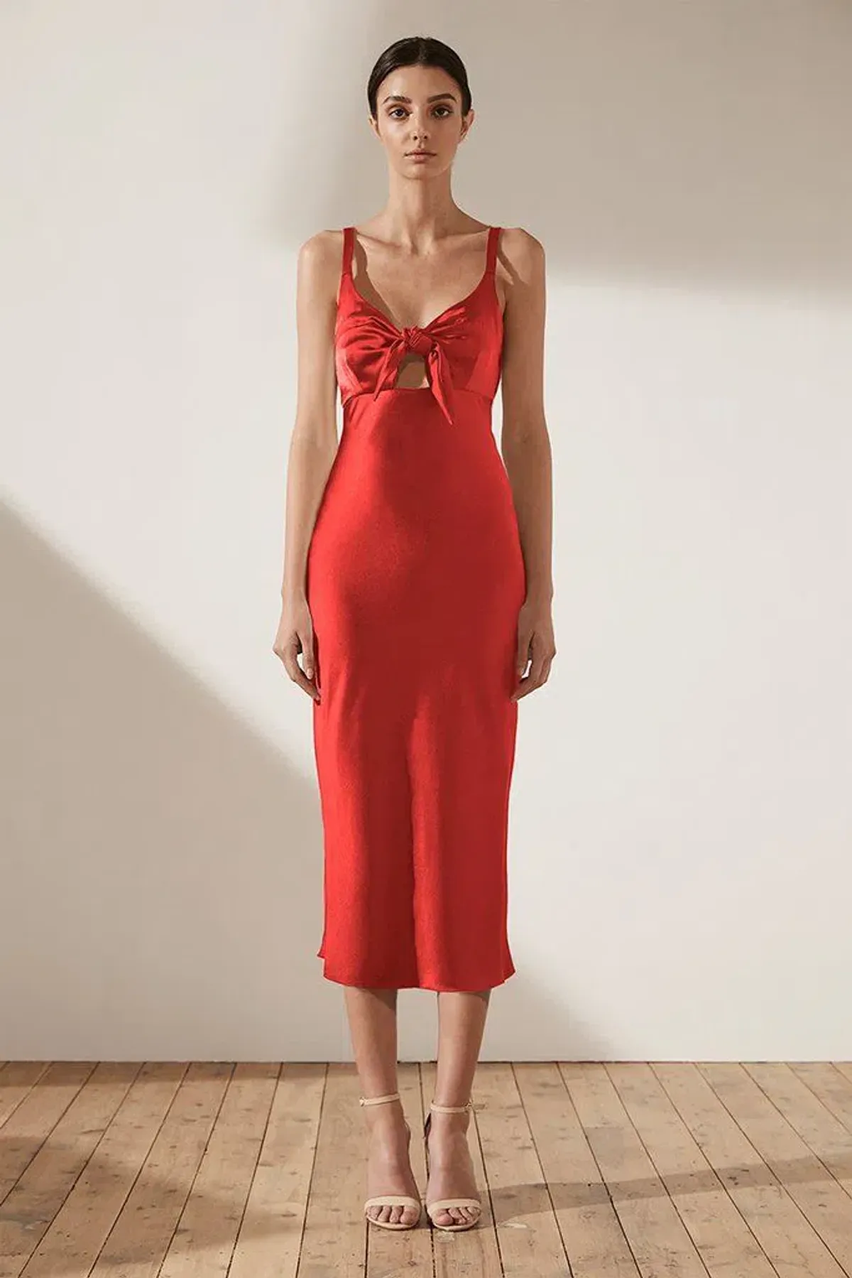 Shona Joy Adonis Tie Front Bias Slip Midi Dress Red Size 10 for rent on The Volte - main image