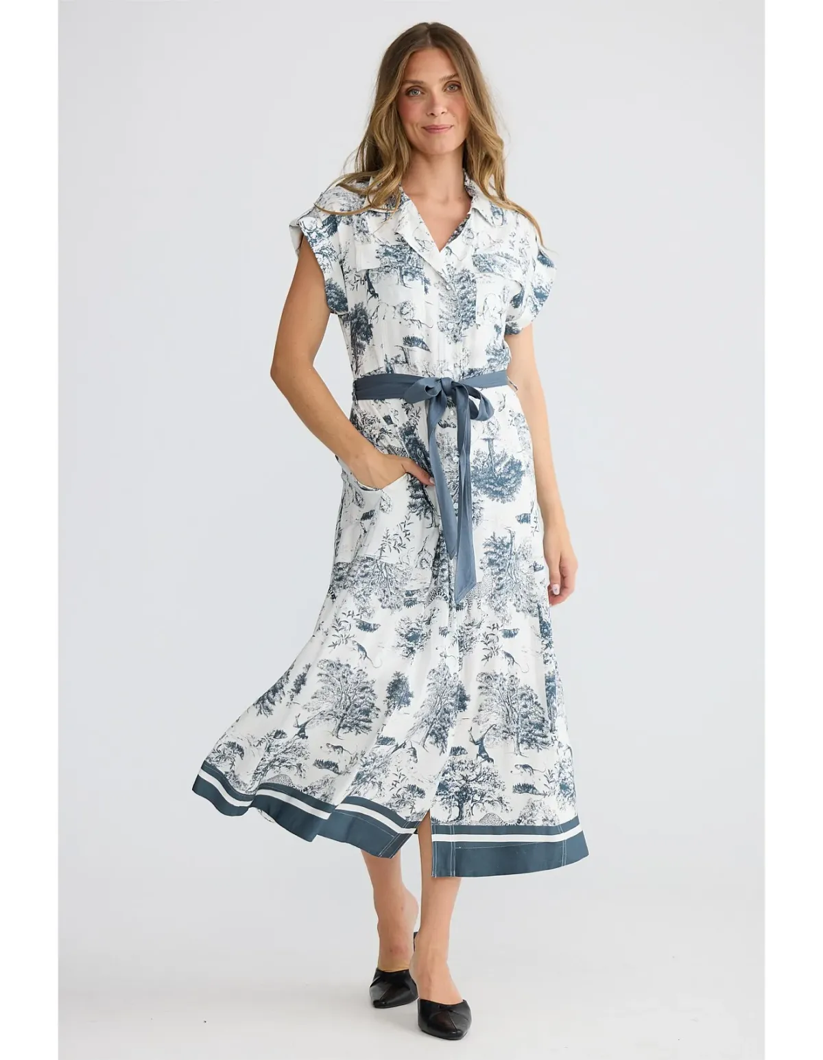 Brave + True Portia Slate Toile Belted Midi Dress M for rent on The Volte - main image