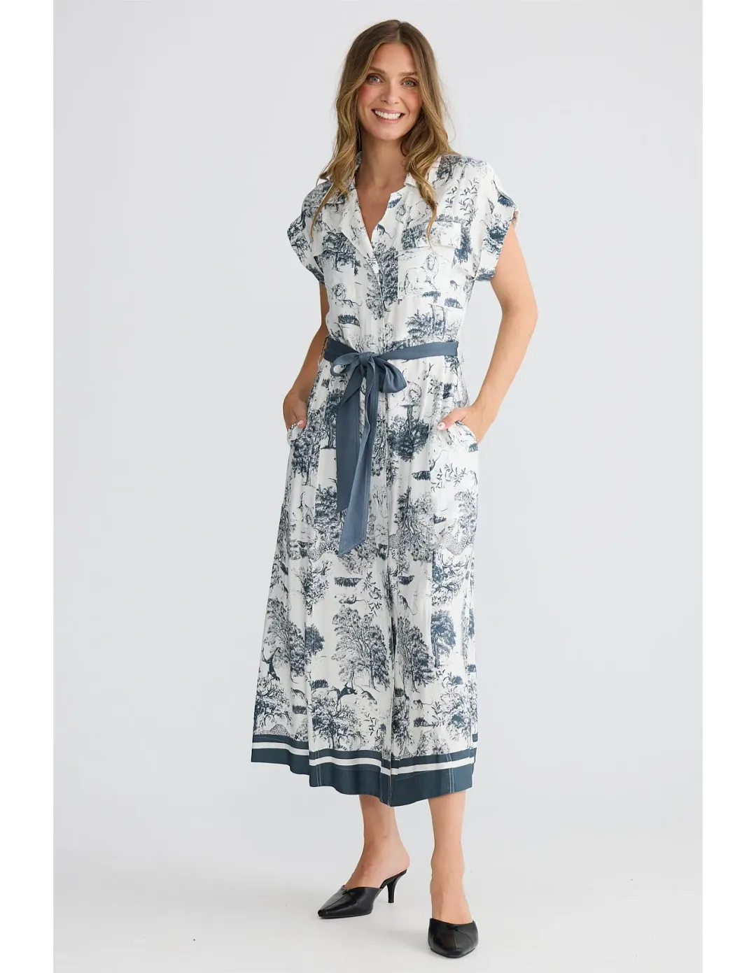 Brave + True Portia Slate Toile Belted Midi Dress M for rent on The Volte - main image