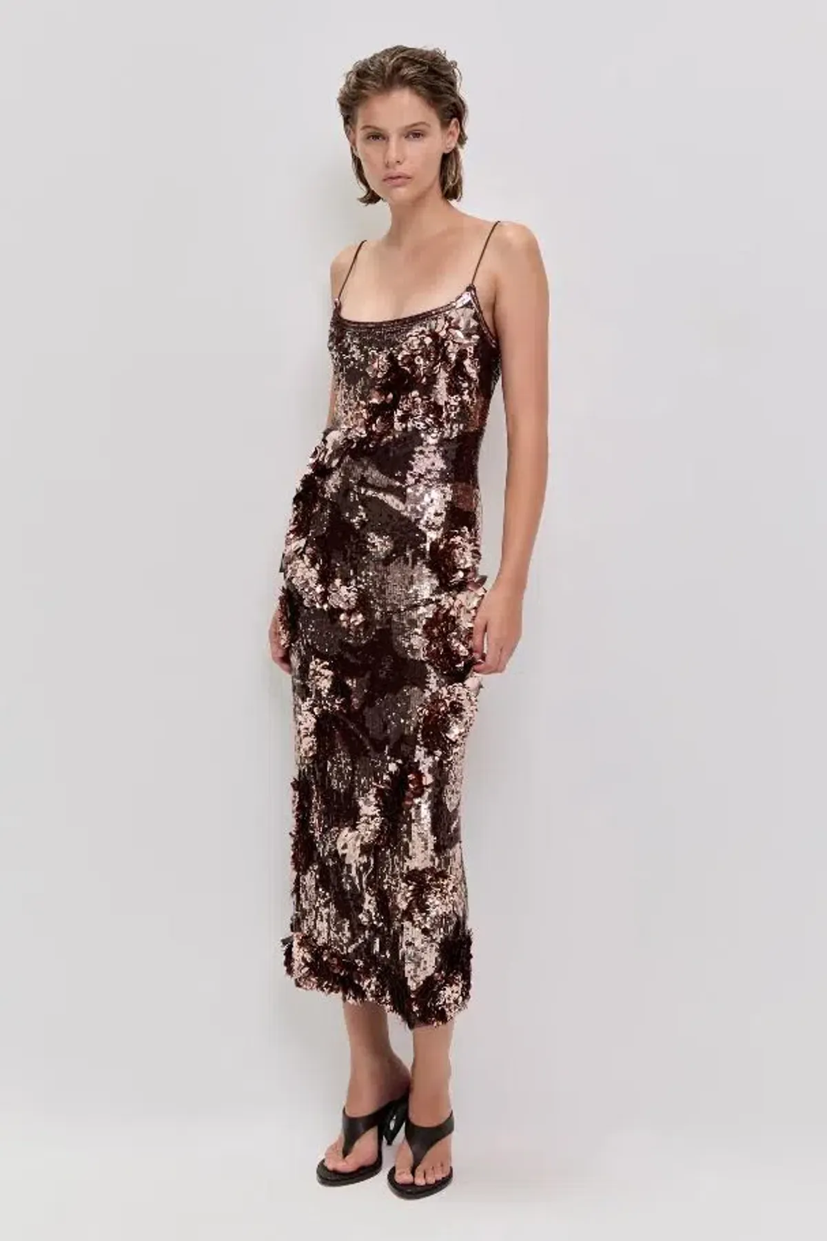 Aje Halo Midi Sequin Dress in Chocolate Brown Size AU8 for rent on The Volte - main image