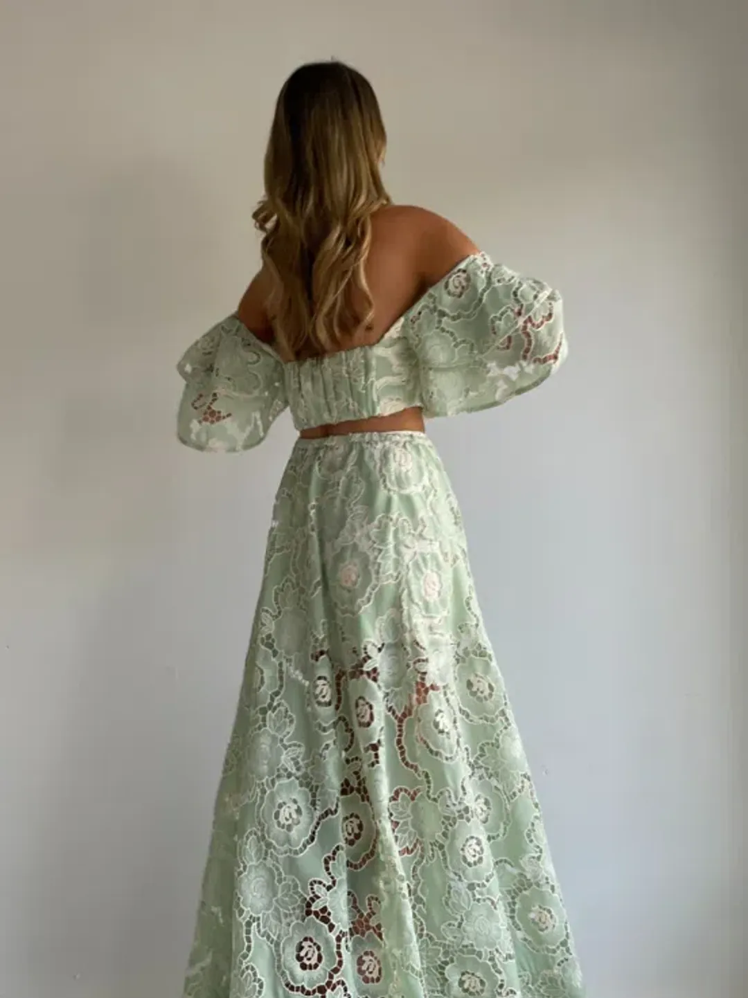 By Nicola Sibella Top & Skirt Set in Mint Lace Size AU 10 for rent on The Volte - main image