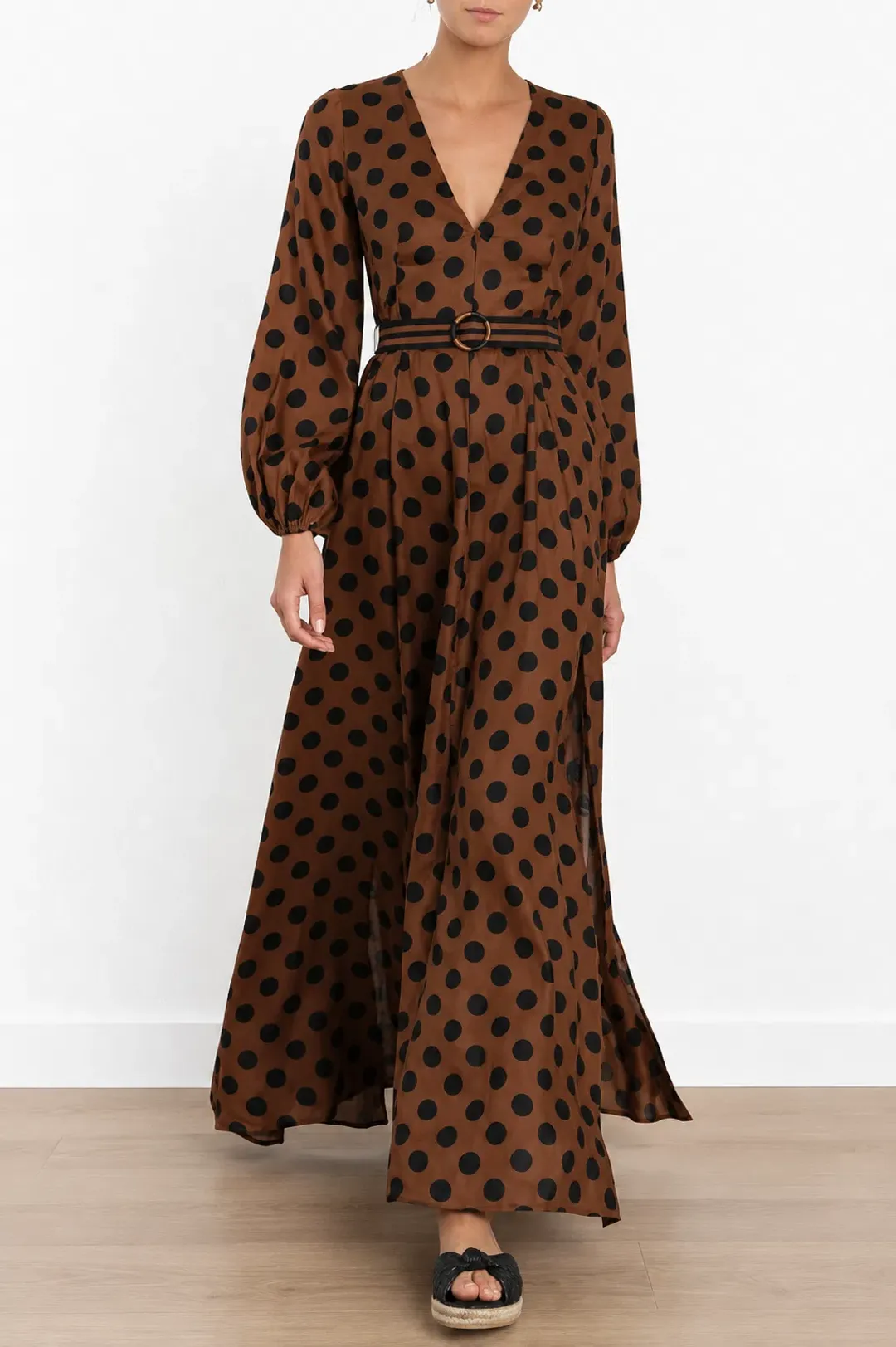 Zimmermann Juno Split Polka Brown Dress Size 0 / AU 8 for rent on The Volte - main image