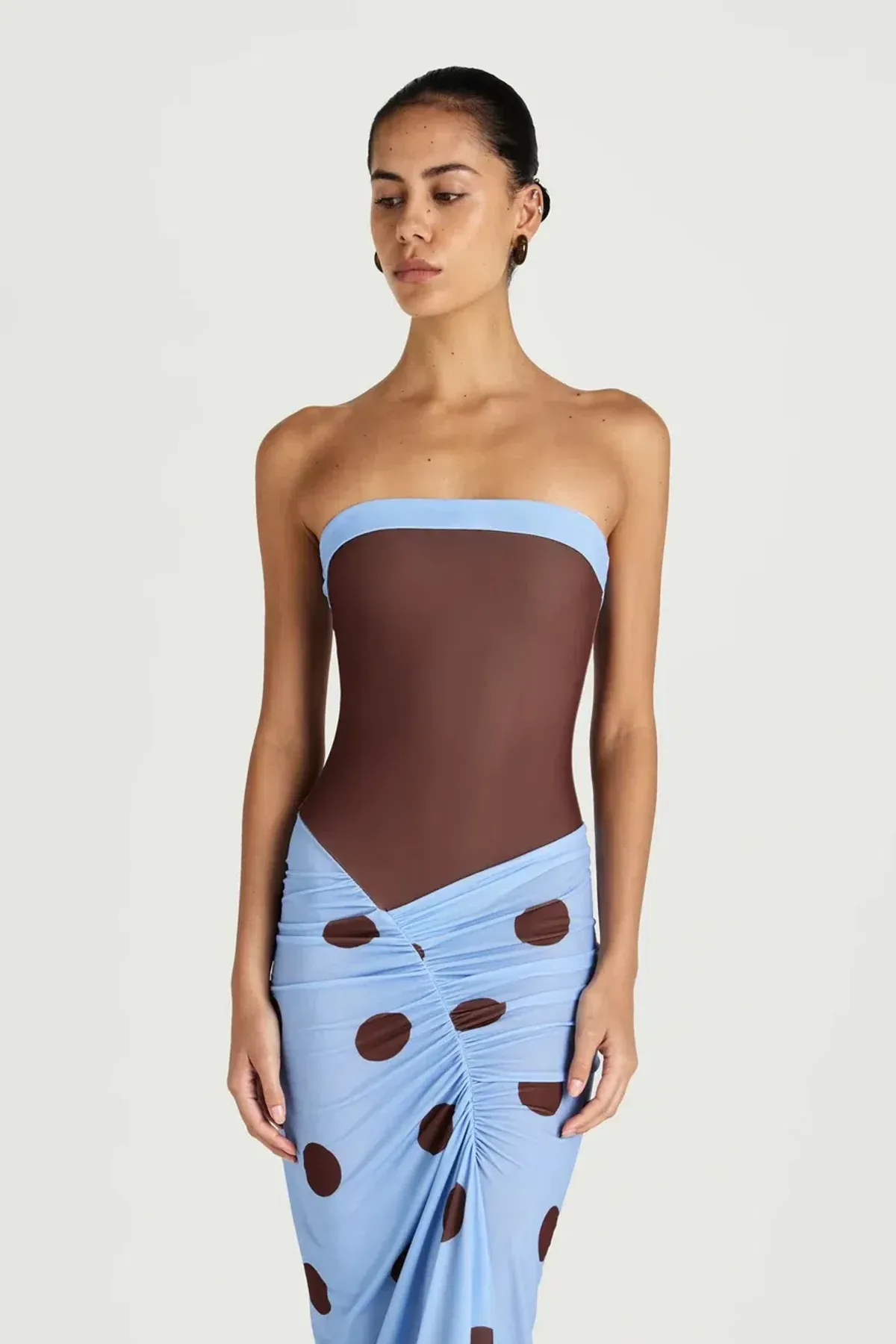 Benni Rumi Strapless Maxi Dress Brown Choc Polka Size 12 for rent on The Volte - main image