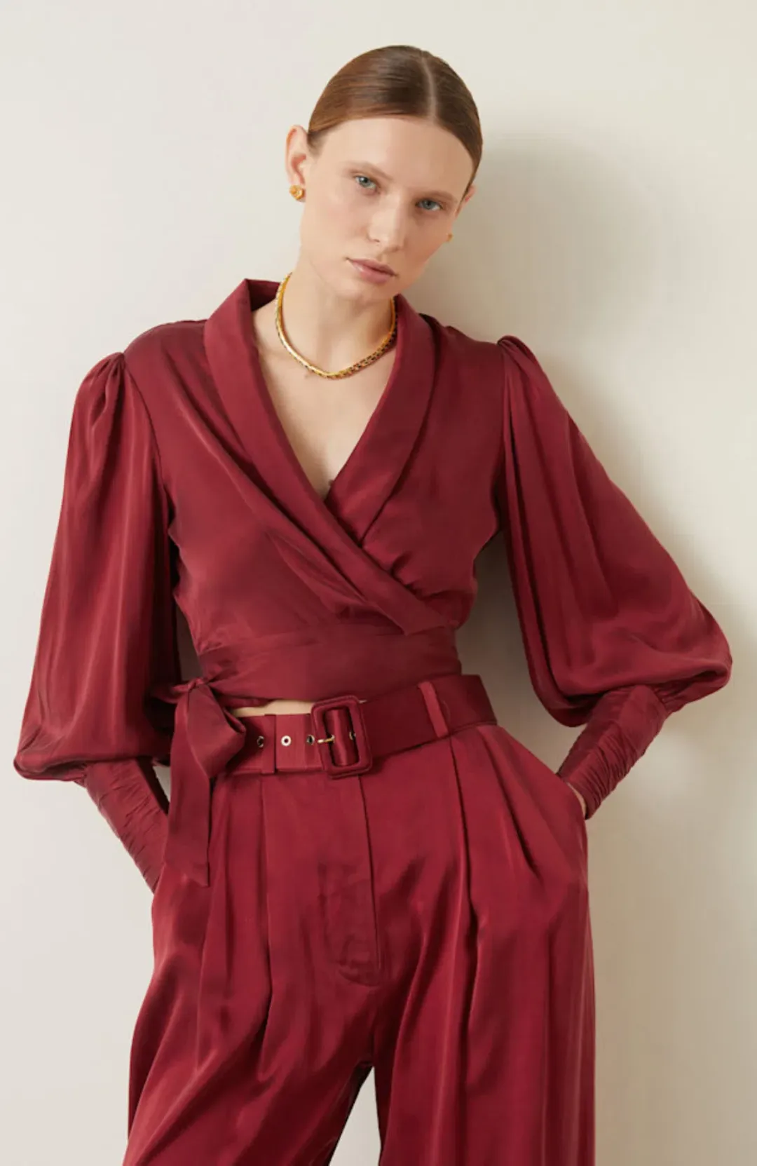 Zimmermann Silk Blouse & Pants Set Burgundy Size AU 10 / M for rent on The Volte - main image