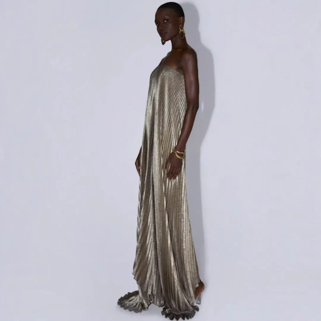 L'idee Black Tie Gown In Gold Shimmer Size 8 for rent on The Volte - main image