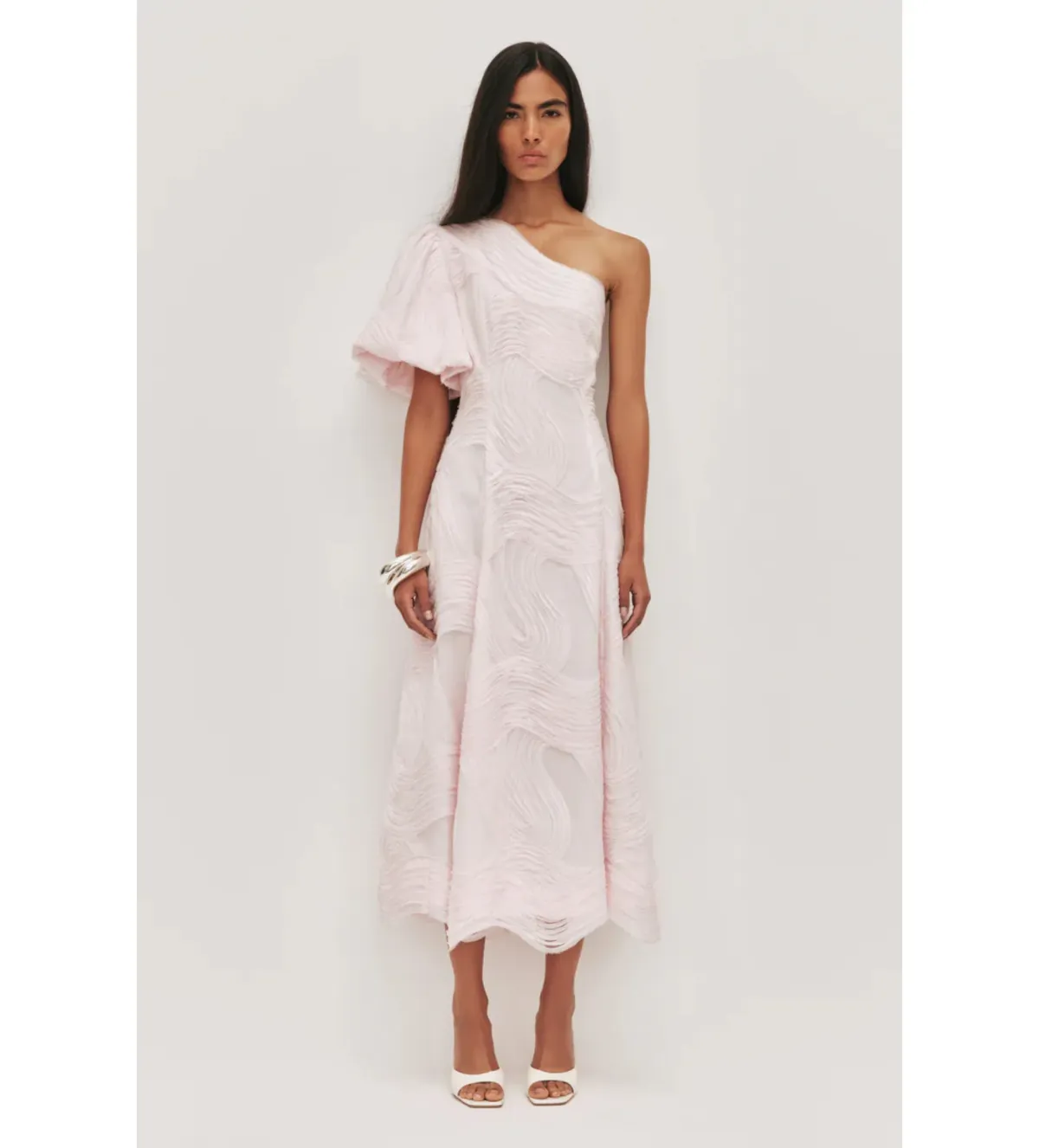 Aje Wave One Shoulder Midi Gown in Pastel Pink Size AU12 - Image 1