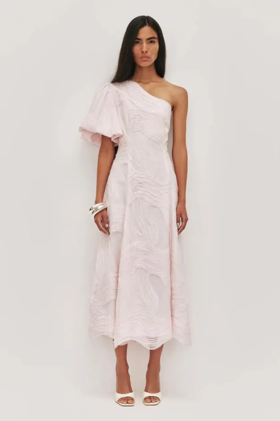 💧🩷 New AJE Wave One Shoulder Dress - Size 12 - Pastel Pink Midi Gown 🩷💧 for rent on The Volte - main image