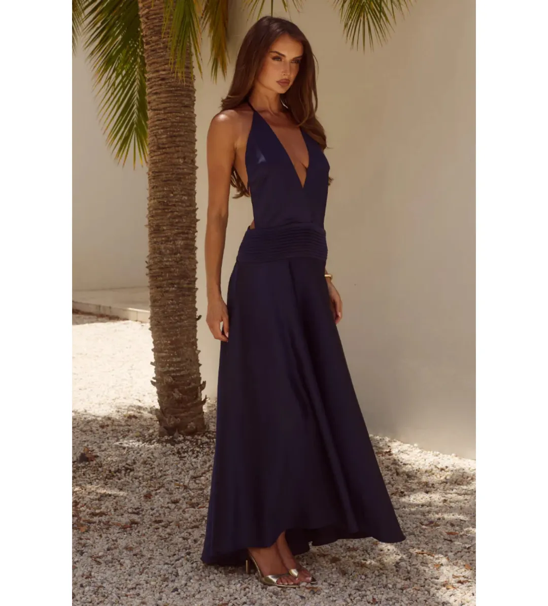 Runaway the Label Amadine Deep V Plunge Maxi Dress Navy Size 12 for rent on The Volte - main image