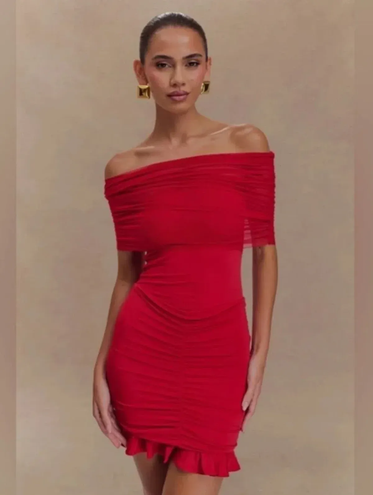 Meshki Caspian Slinky and Mesh Off Shoulder Mini Dress Ruby Size XXS / 4 - Image 1