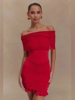 Meshki Caspian Slinky and Mesh Off Shoulder Mini Dress Ruby Size XXS / 4 for rent on The Volte - image 1