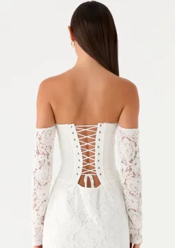 Peppermayo Already Know Lace Long Sleeve Mini Dress - White for rent on The Volte - image 4