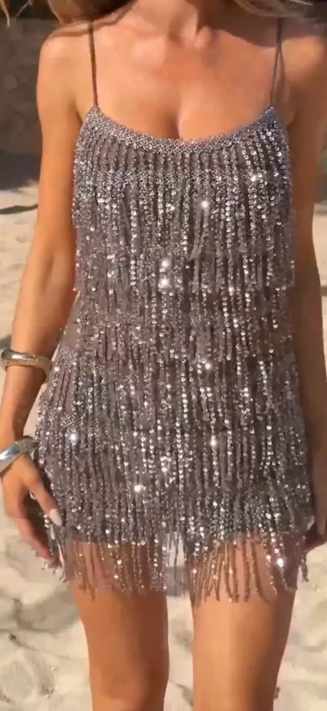 Rosy drop fringe mini dress colour Mocha for rent on The Volte - main image