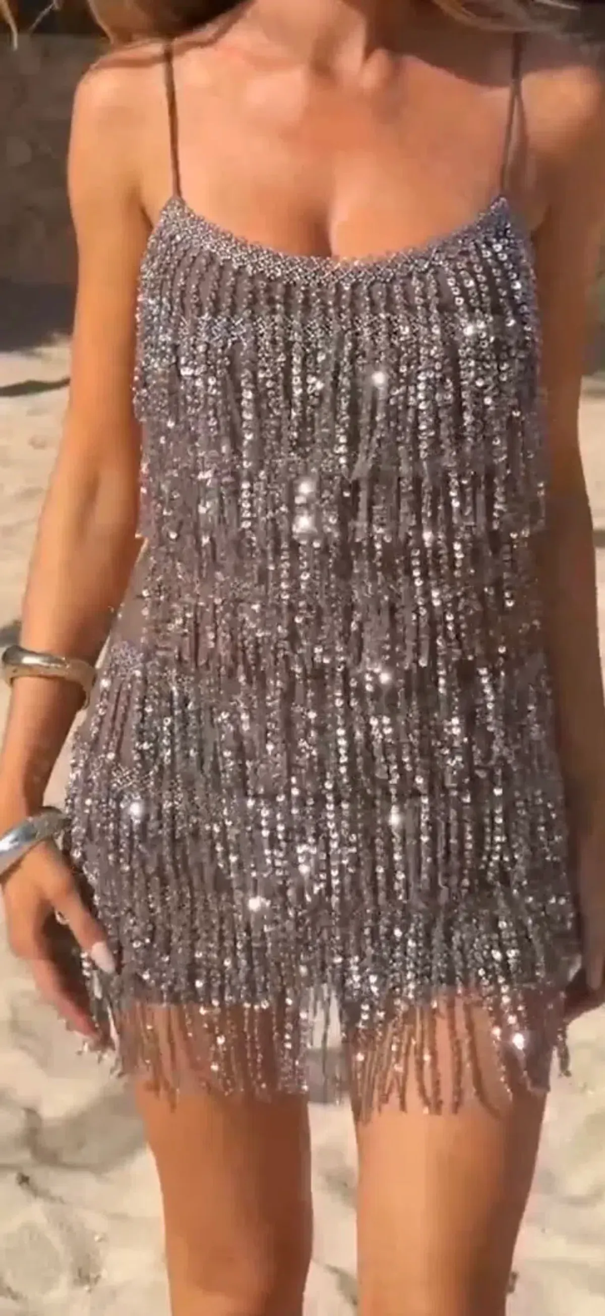 Rosy drop fringe mini dress colour Mocha - Image 3