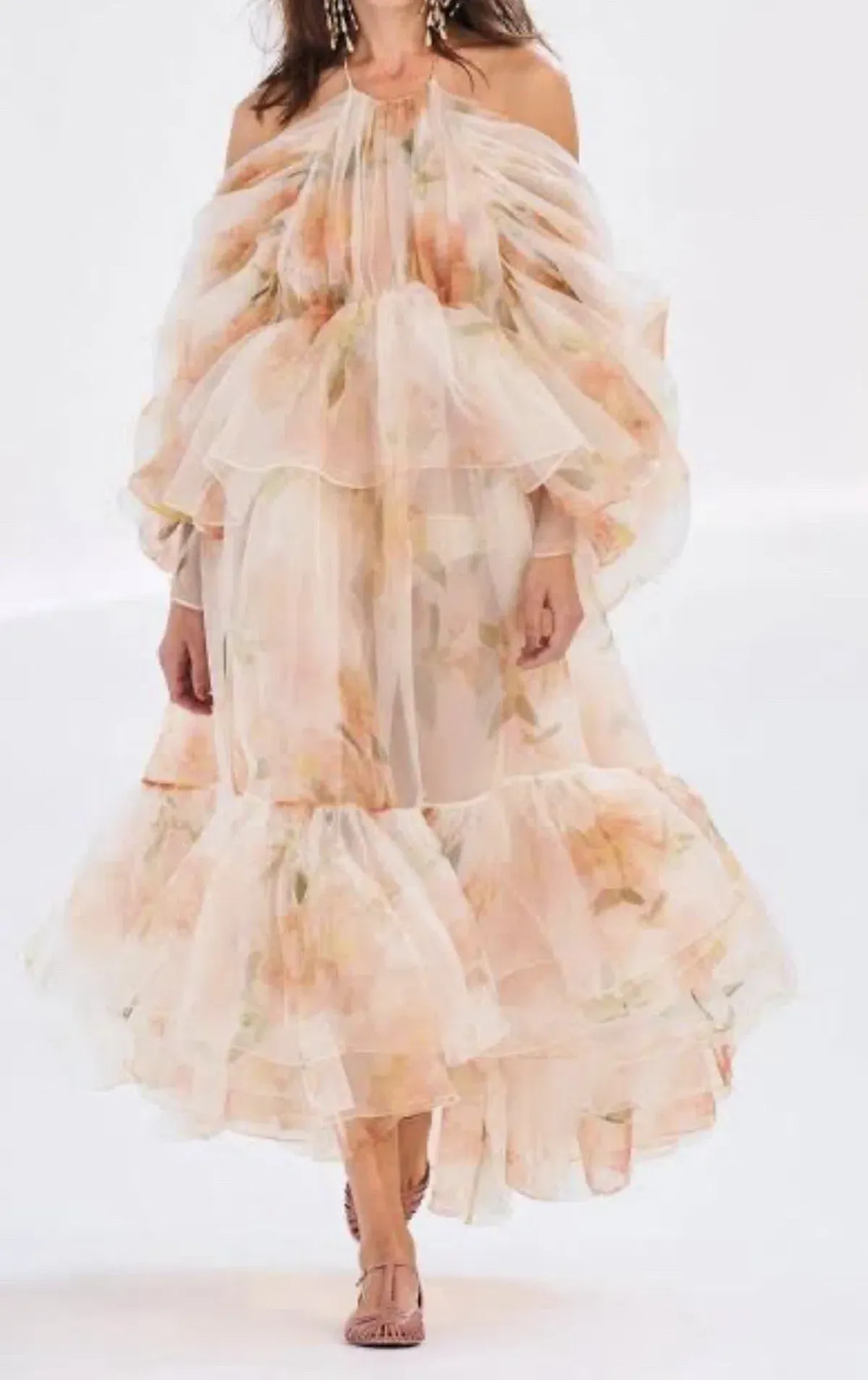 Zimmermann Natura Tiered Floral Silk Halter Neck Midi Dress Cream Peach Size 8 / 0 — Wedding Guest, Races, Cocktail - Image 8