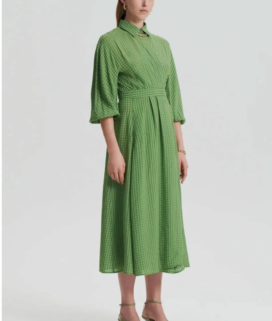 Scanlan Theodore Gingham Wrap Dress Safari Green - Size 6 for rent on The Volte - main image