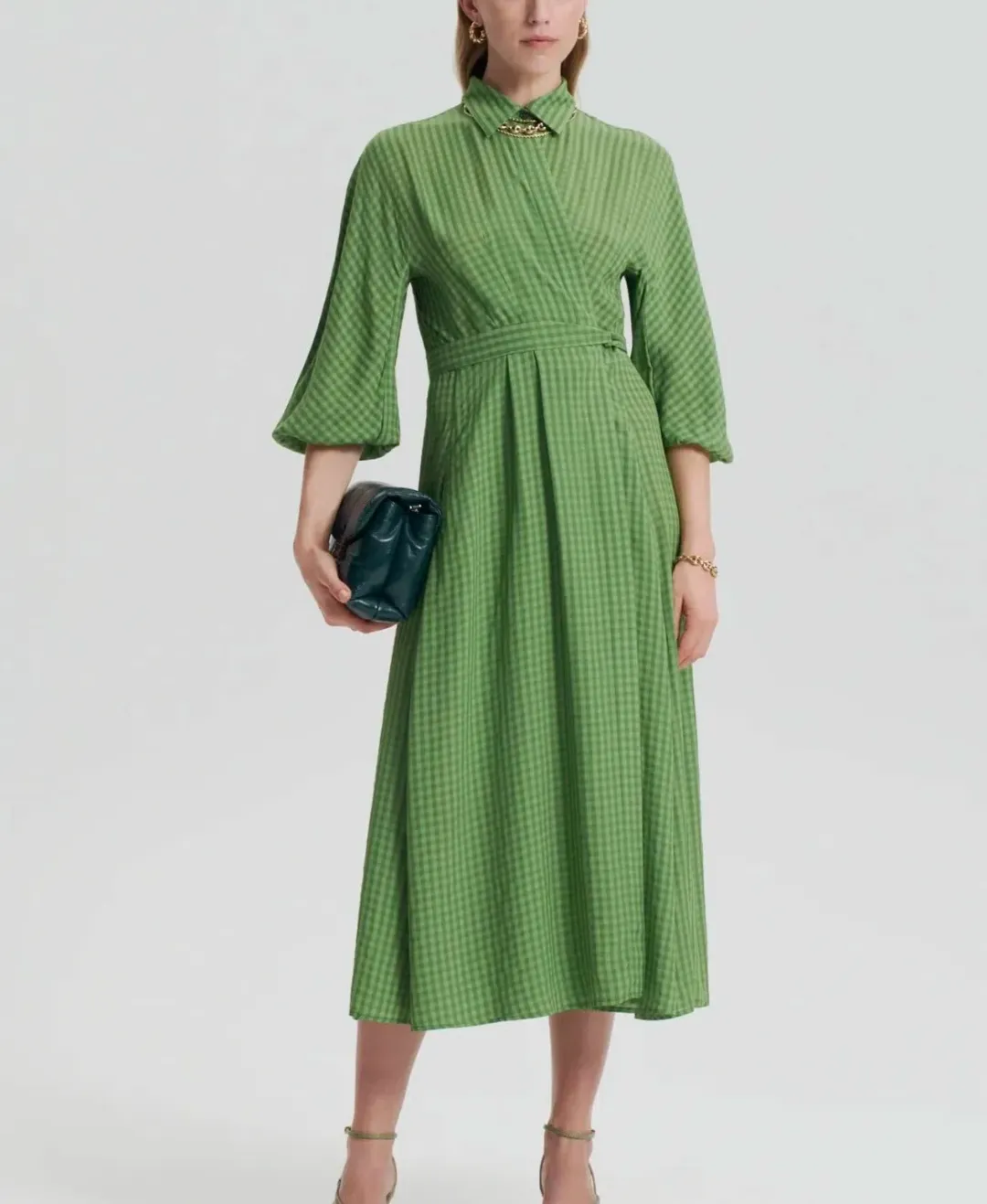 Scanlan Theodore Gingham Wrap Dress Safari Green - Size 6 for rent on The Volte - main image