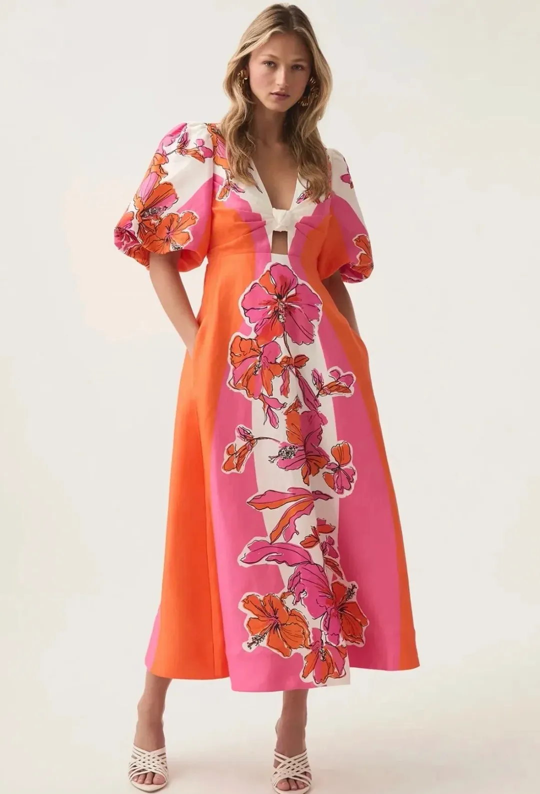 Aje Overflow knotted midi dress- Vibrant Hibiscus for rent on The Volte - main image