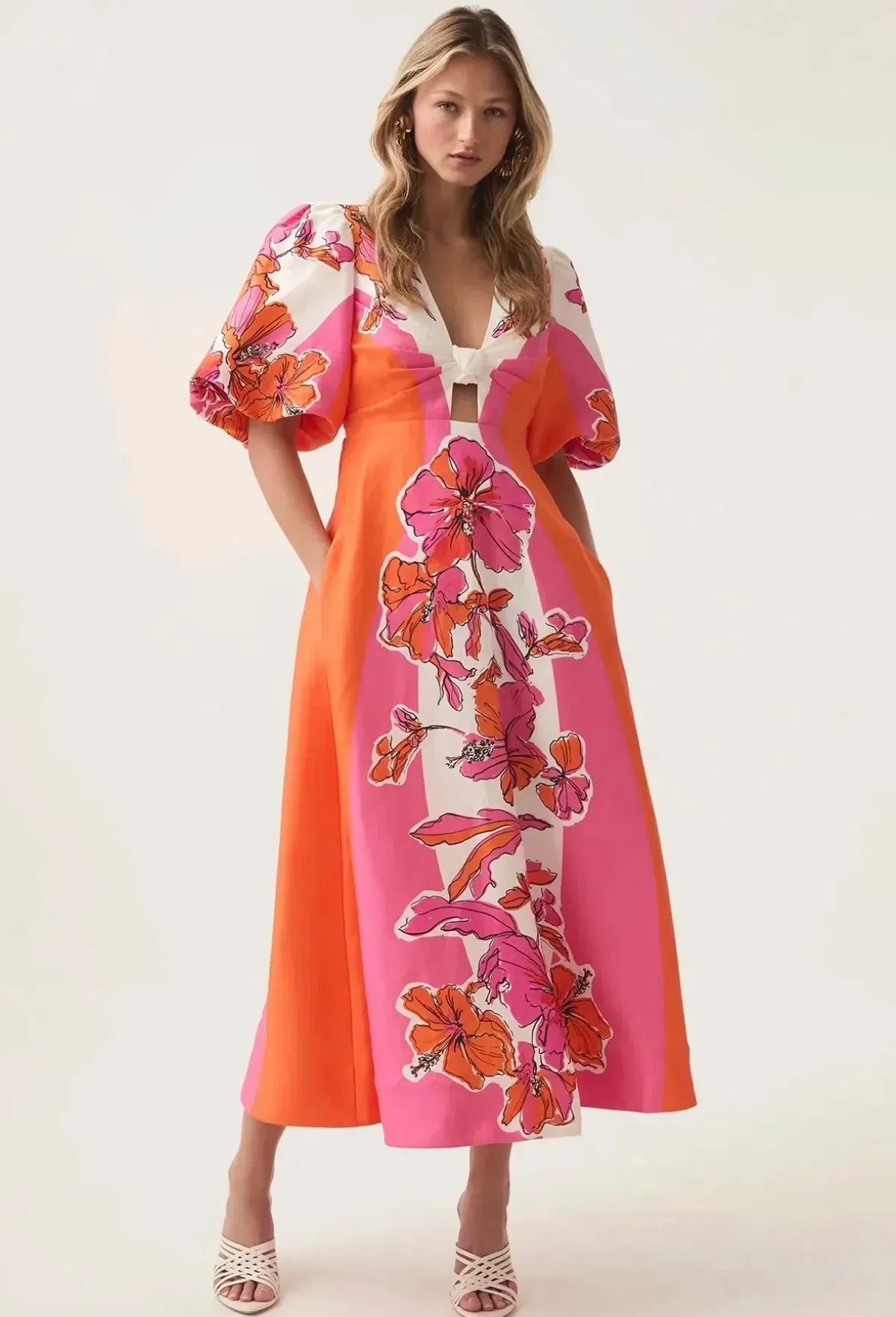 Aje Overflow knotted midi dress- Vibrant Hibiscus - Image 1