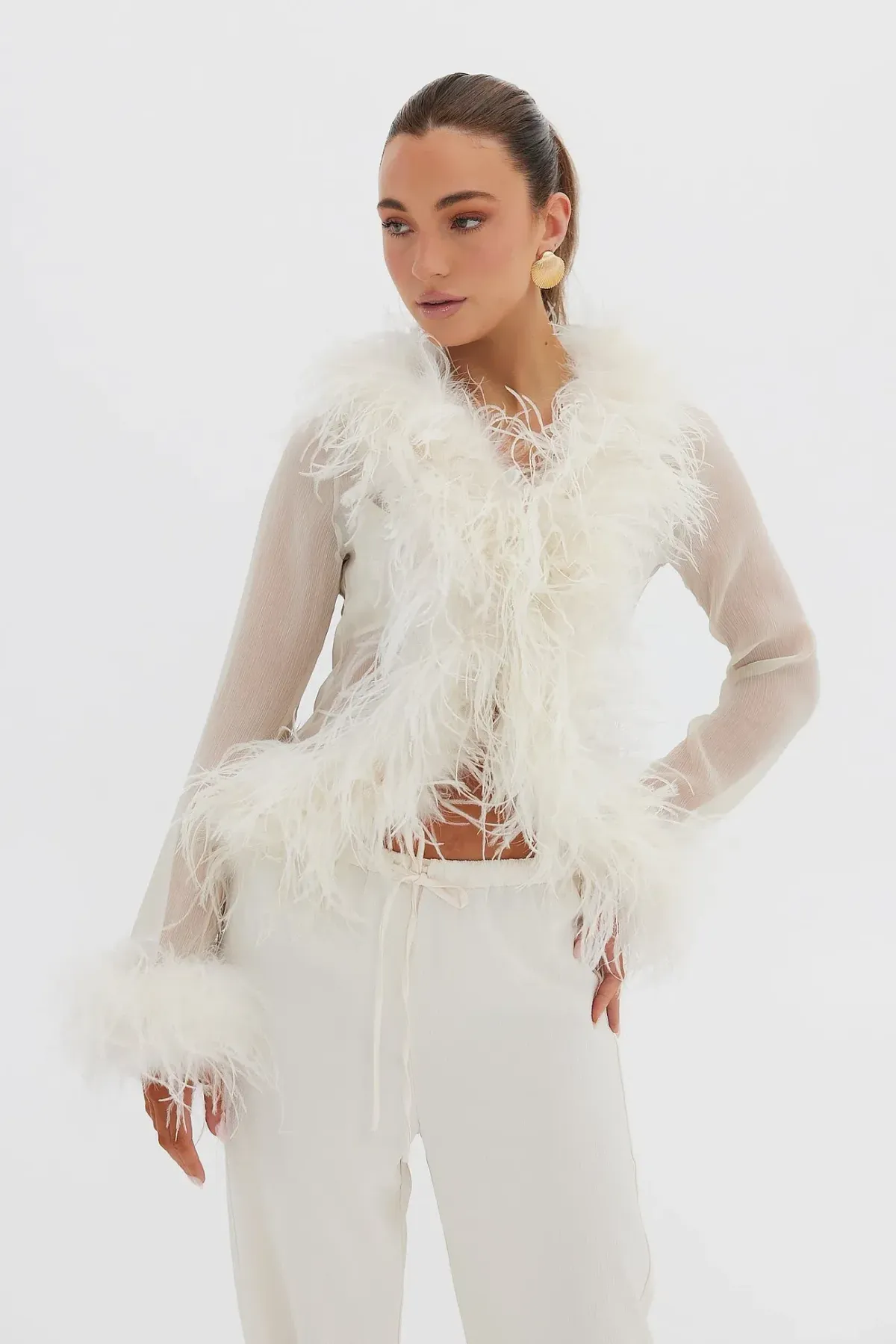 Bubish Gigi Sheer Feather Blouse Ivory Size 8 (6-10) - Image 6