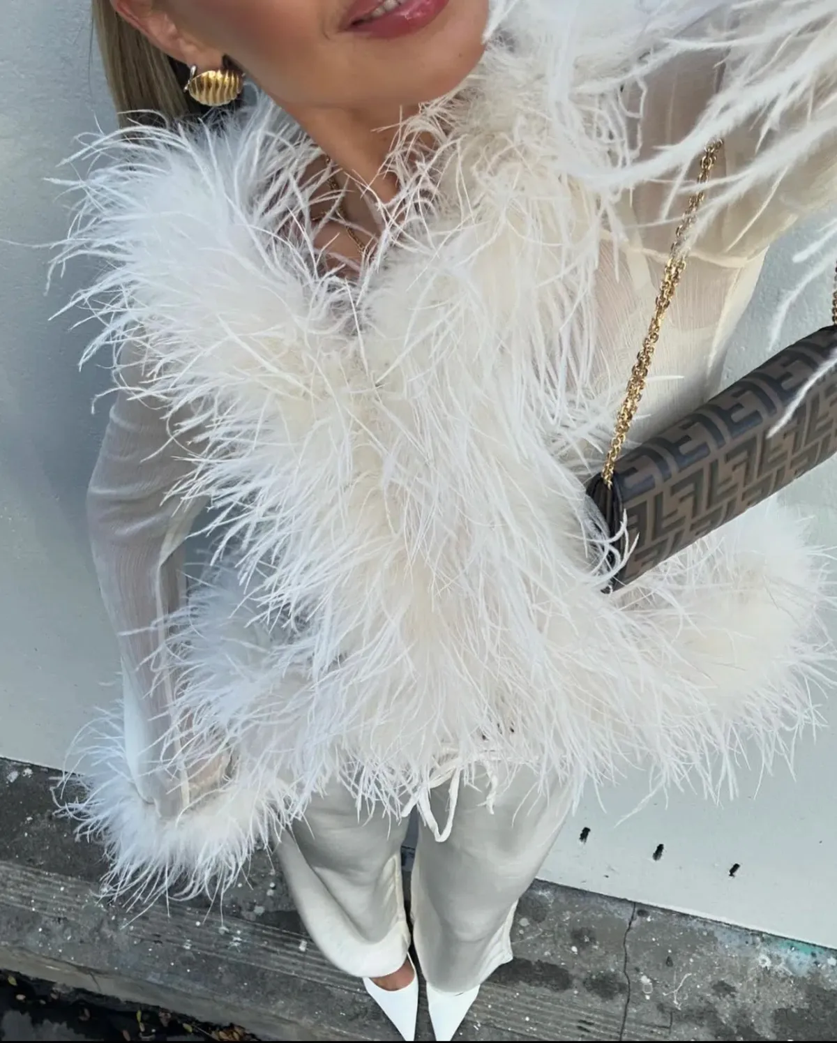 Bubish Gigi Sheer Feather Blouse Ivory Size 8 (6-10) for rent on The Volte - main image