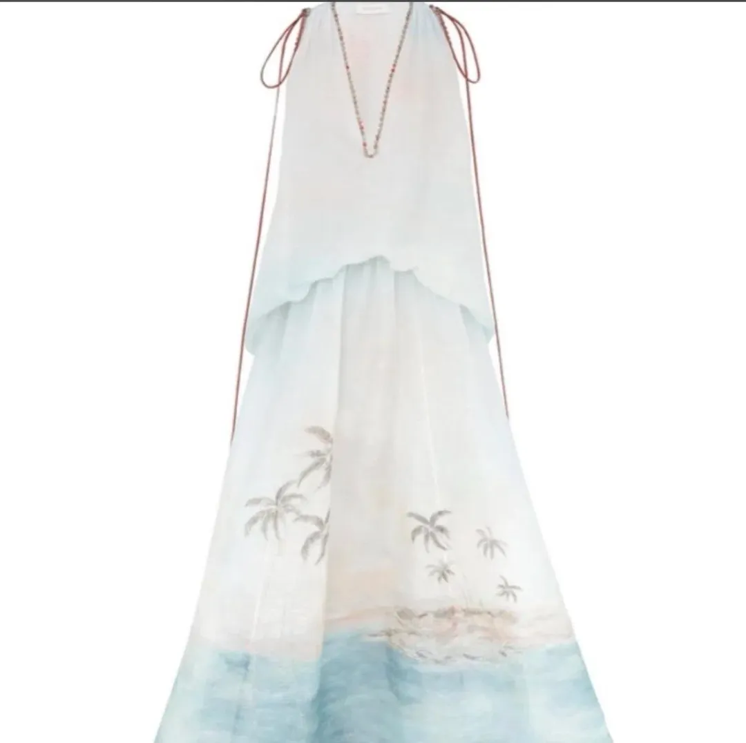 Zimmermann Illuminate plunge gown features a scenic palm tree print and beaded neckline details for rent on The Volte - main image