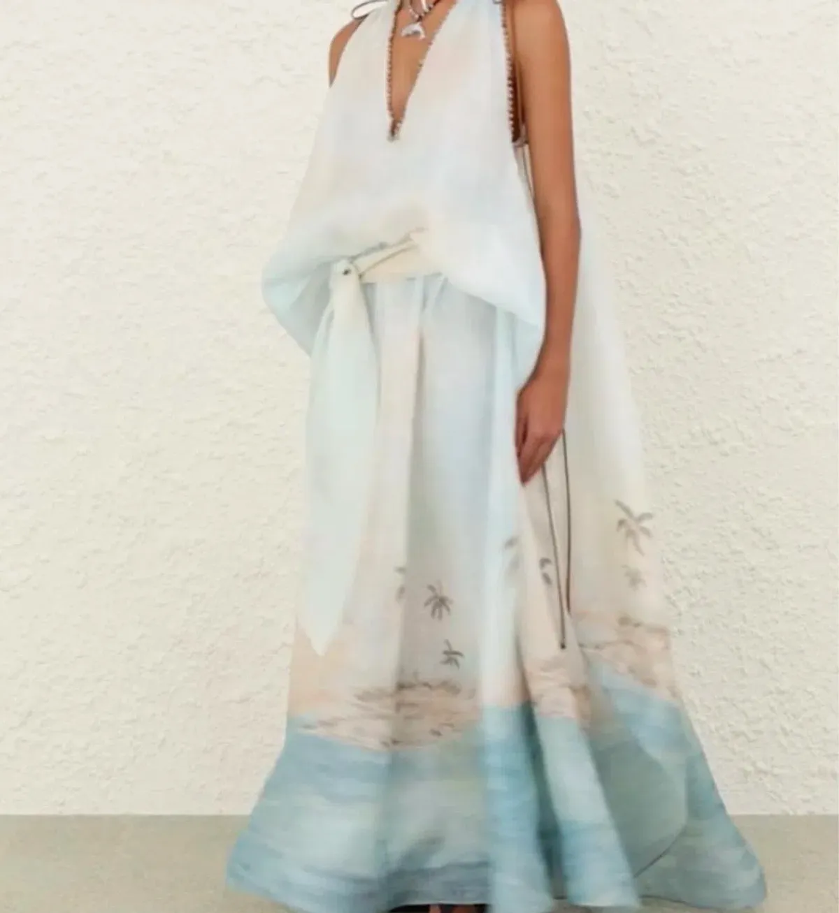 Zimmermann Illuminate plunge gown features a scenic palm tree print and beaded neckline details - Image 4