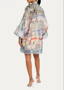 This Zimmermann Illustration Billow Shift Mini Dress in Eden Garden features voluminous sleeves and a pastel pastoral print Size Large for rent on The Volte - image 2