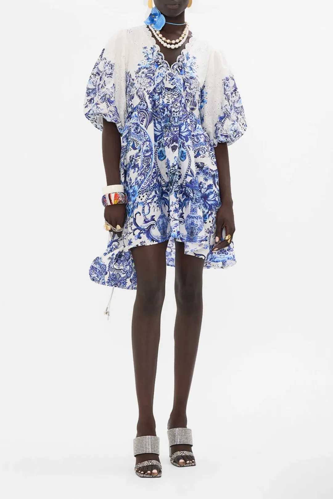 Camilla – Glaze and Graze Puff Sleeve Short Dress With Broderie Detail for rent on The Volte - main image