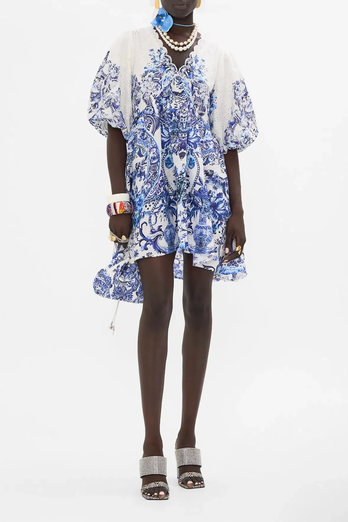 Camilla – Glaze and Graze Puff Sleeve Short Dress With Broderie Detail for rent on The Volte - main image