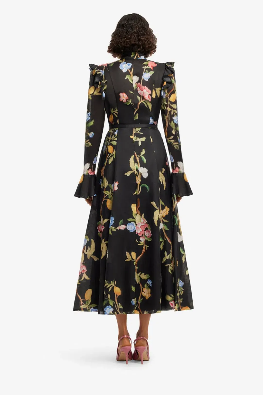 Leo Lin Katrina Butterfly Sleeve Midi Dress in Lemon Vine Print in Ebony Size 12 for rent on The Volte - main image