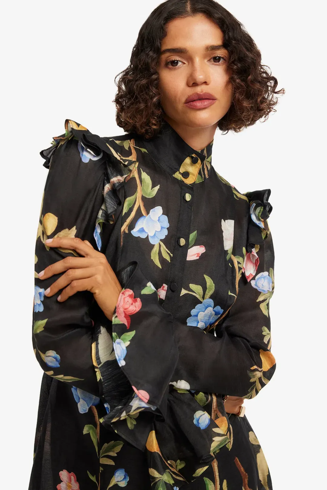 Leo Lin Katrina Butterfly Sleeve Midi Dress in Lemon Vine Print in Ebony Size 12 for rent on The Volte - main image