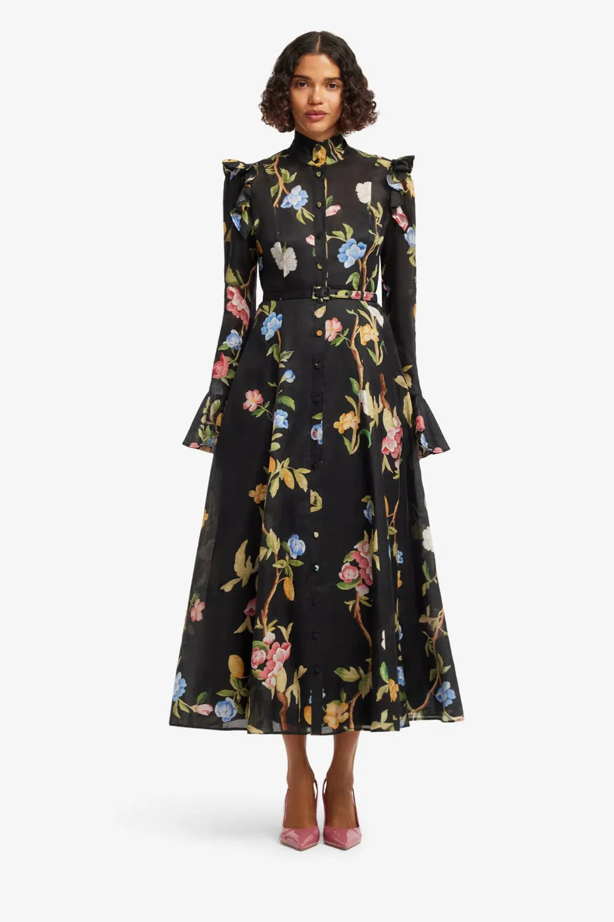 Leo Lin Katrina Butterfly Sleeve Midi Dress in Lemon Vine Print in Ebony Size 12 for rent on The Volte - main image