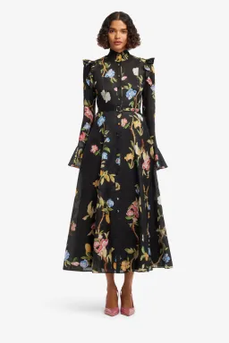 Leo Lin Katrina Butterfly Sleeve Midi Dress in Lemon Vine Print in Ebony Size 12 for rent on The Volte - image 1