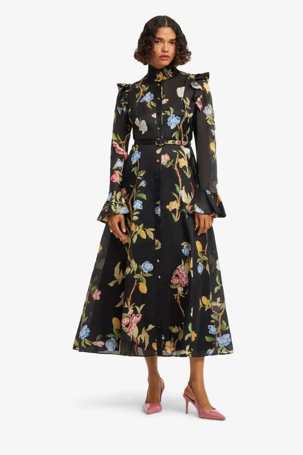 Leo Lin Katrina Butterfly Sleeve Midi Dress in Lemon Vine Print in Ebony Size 10 - Image 5