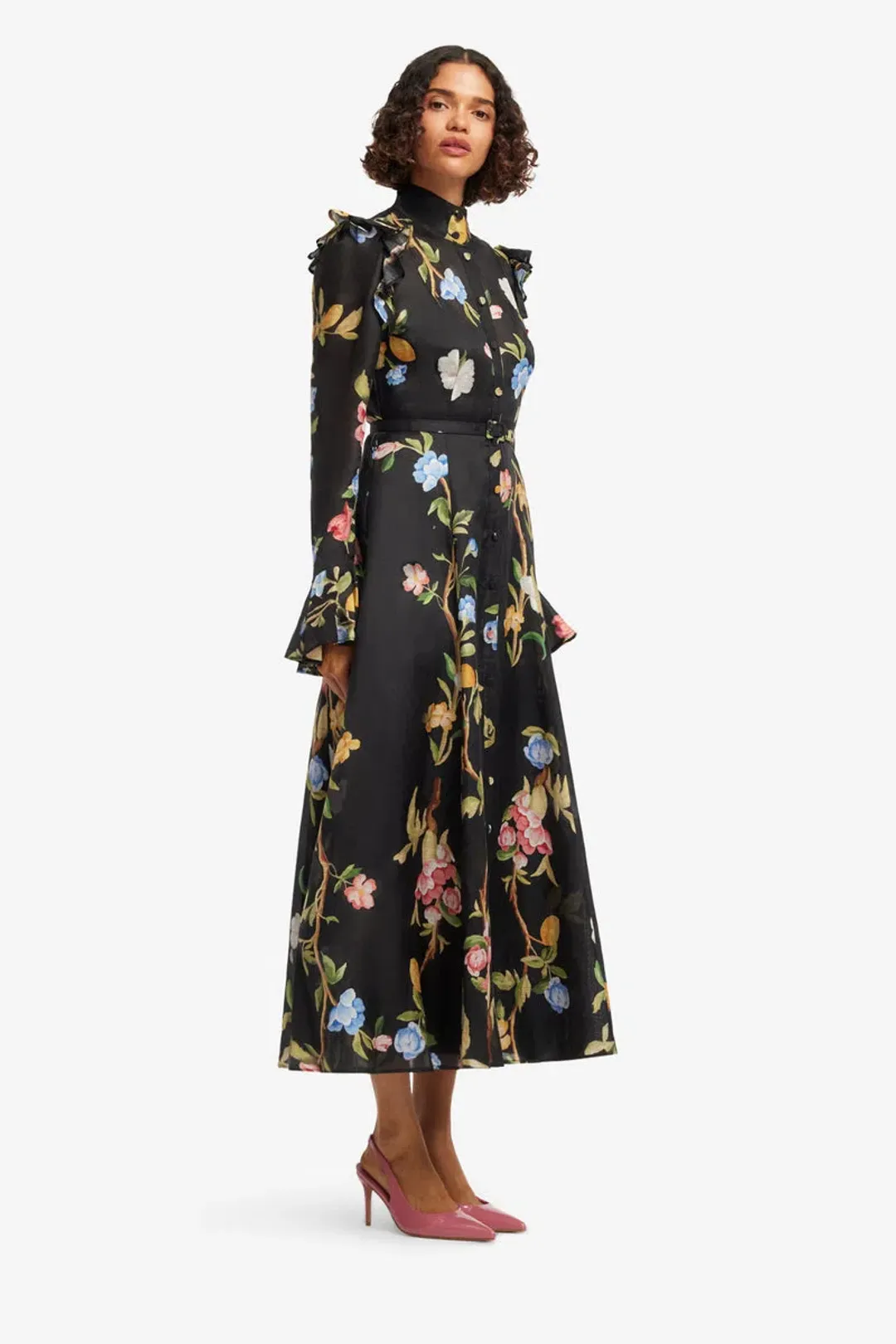 Leo Lin Katrina Butterfly Sleeve Midi Dress in Lemon Vine Print in Ebony Size 10 for rent on The Volte - main image