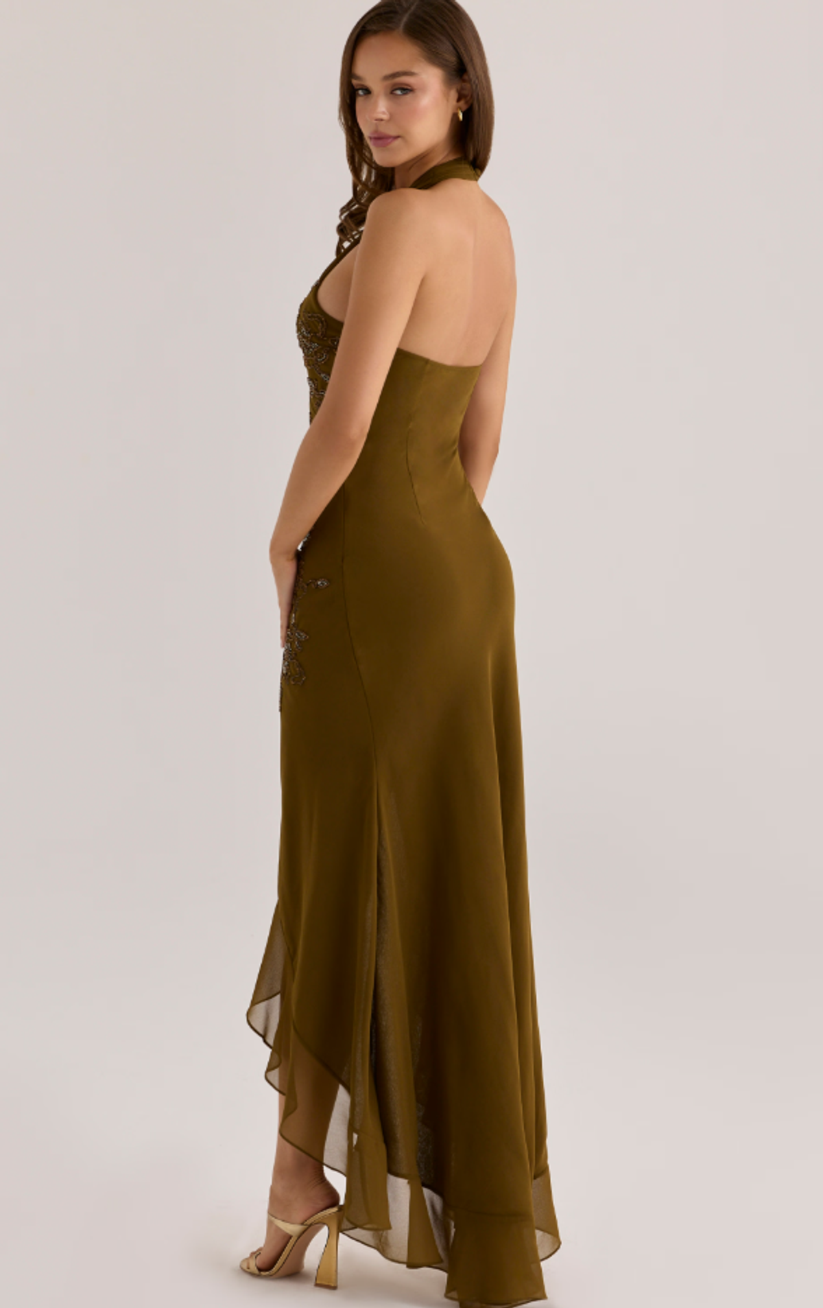 House of CB Raquel bronze georgette hand embellished beaded halter maxi dress Size M - Image 2