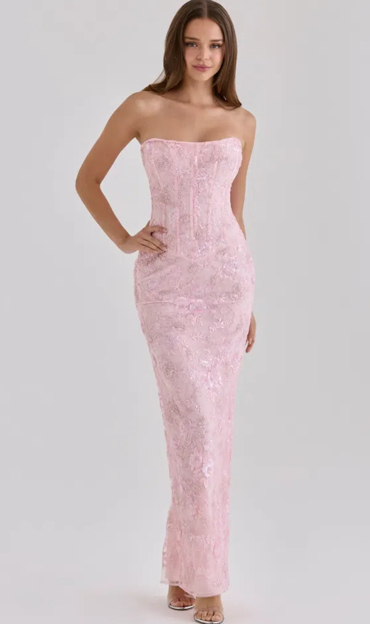 House of CB Anisa pink hand beaded embellished strapless maxi dress Size XS - Image 1