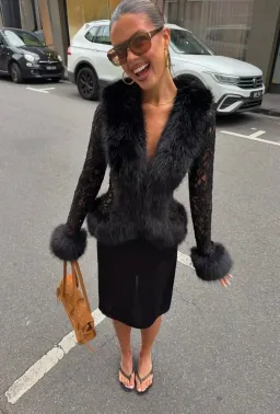 Sneaky Link - Ella Squire Lace Fur Trim Top Black for rent on The Volte - image 1