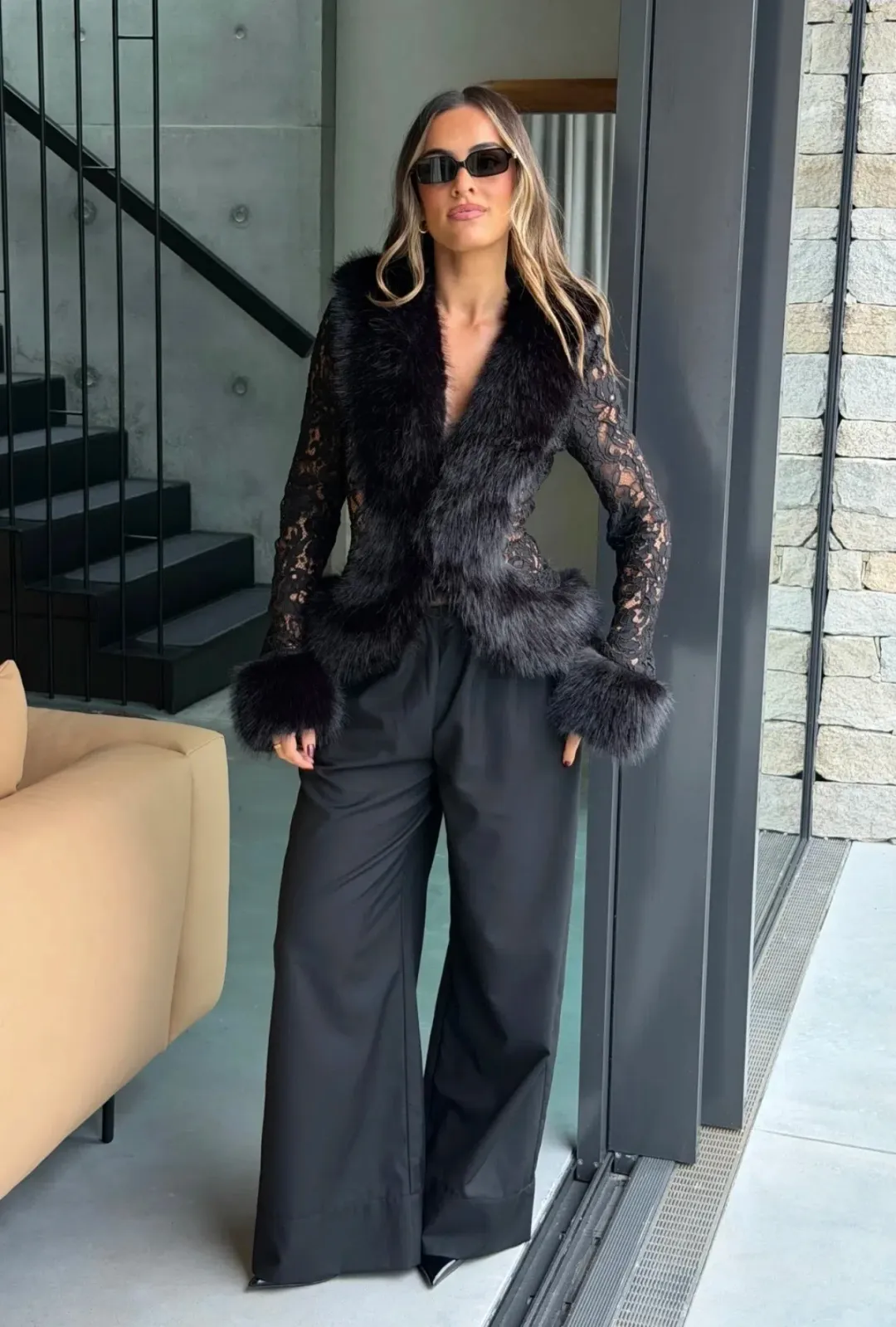 Sneaky Link - Ella Squire Lace Fur Trim Top Black for rent on The Volte - main image