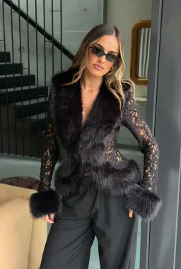 Sneaky Link - Ella Squire Lace Fur Trim Top Black for rent on The Volte - image 3