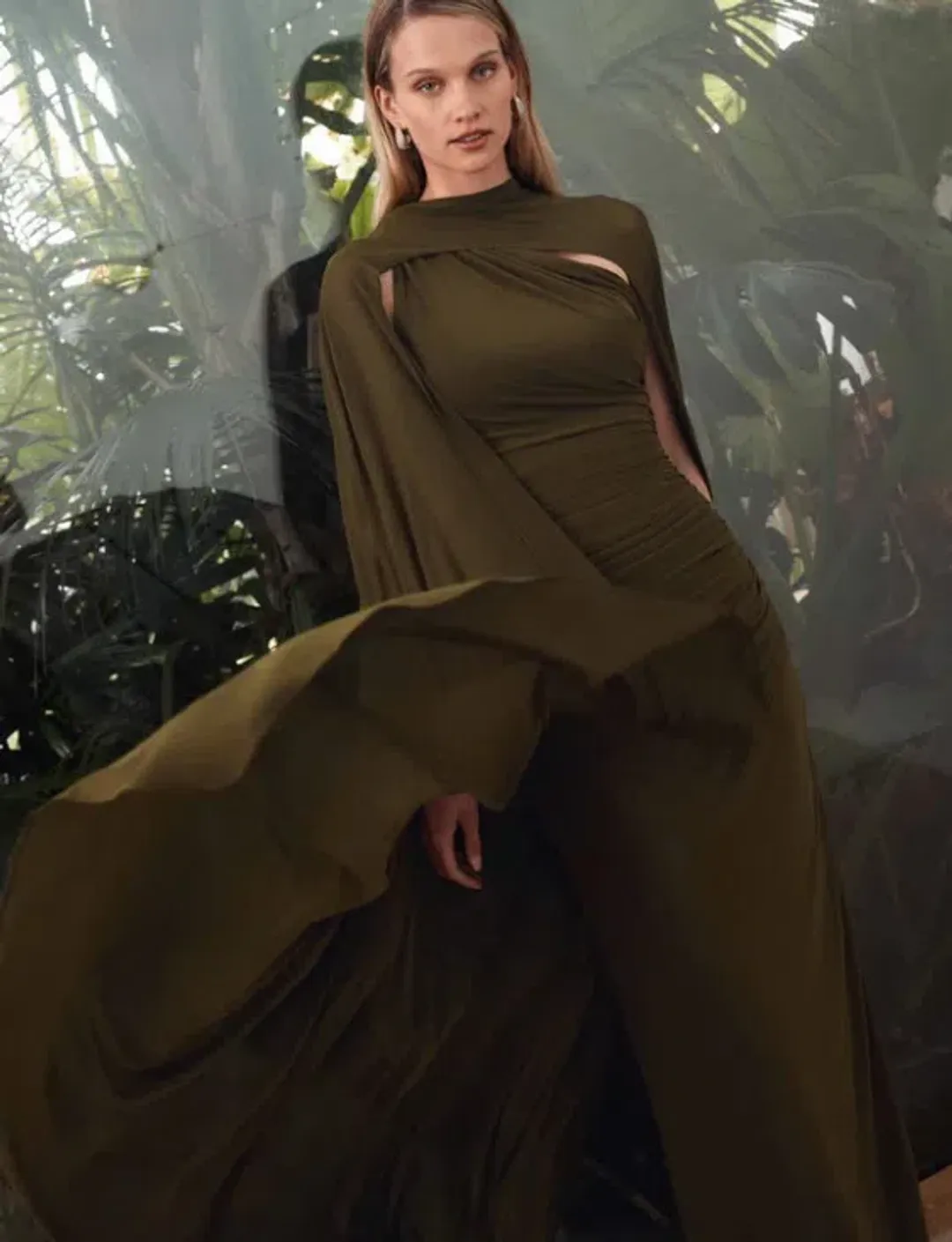 Sheike Hallie Gown Khaki Green With Cape Maxi Dress Sizes 8 for rent on The Volte - main image