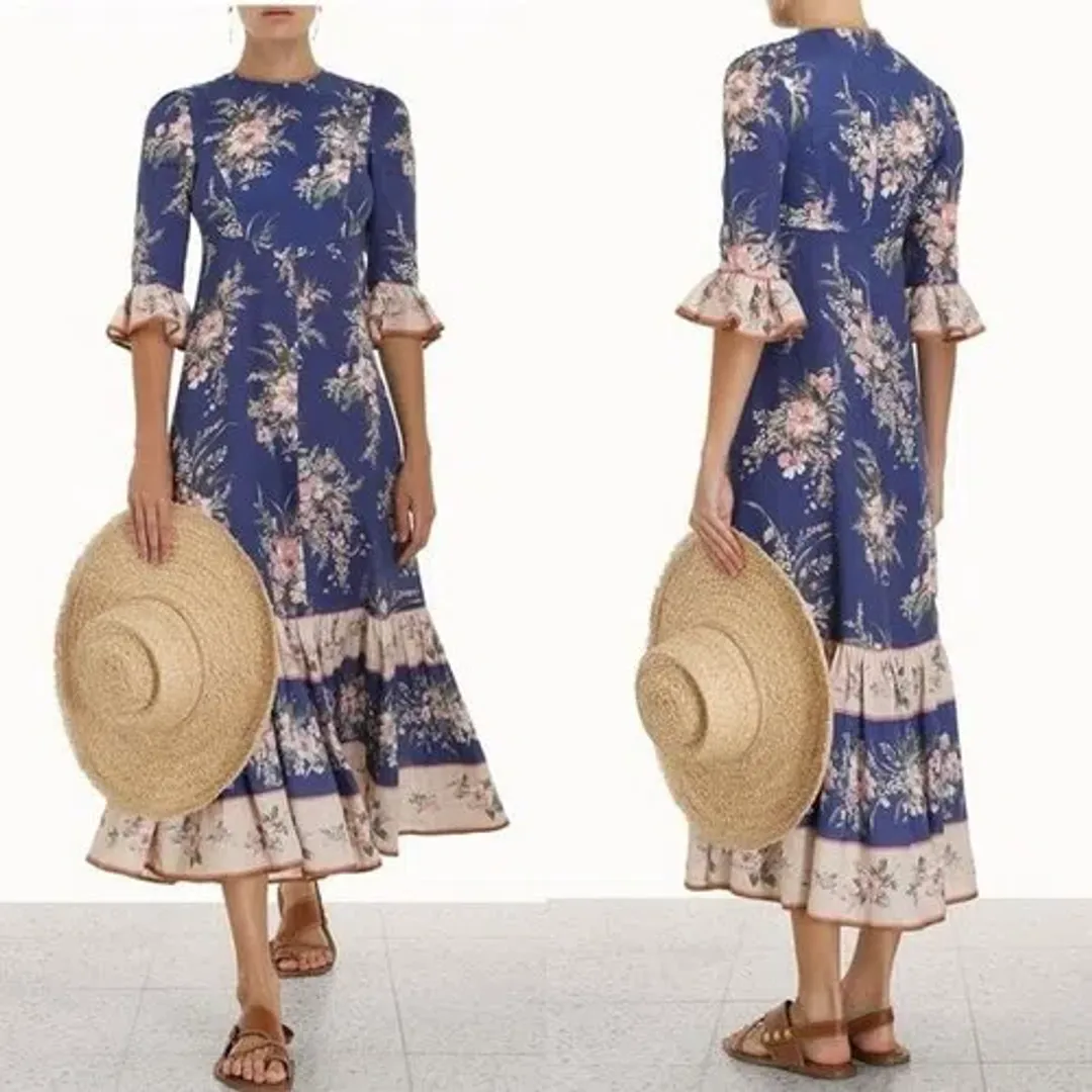π Zimmermann Moonshine Floral Linen Maxi Dress Blue Size 0 / AU 8 π for rent on The Volte - main image